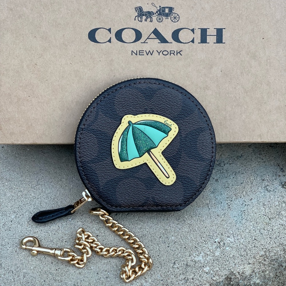 COACH Signature Beach Umbrella Round Coin Case